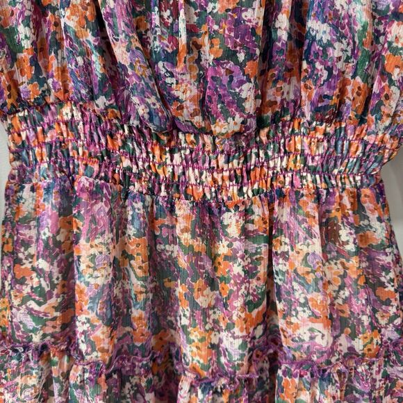 Lavender Brown Dress Smocked Long Sleeves Elastic Waist Tiered Floral Medium EUC - Picture 7 of 15